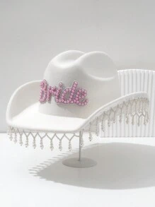 1pc Women's Solid Glitter Bling Cowboy Hat, Unique Luxurious Faux Pearl Tassel Pearl Embellishment With 3D Pearl Letter BRIDE Decor, Wedding Bridal Hat, 2024 Wedding Essentials, Creative Punk Style Inspiration Wide Brim Bridal Veil Hat, Gift Idea