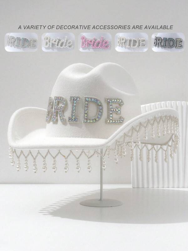 1pc Women's Solid Glitter Bling Cowboy Hat, Unique Luxurious Faux Pearl Tassel Pearl Embellishment With 3D Pearl Letter BRIDE Decor, Wedding Bridal Hat, 2024 Wedding Essentials, Creative Punk Style Inspiration Wide Brim Bridal Veil Hat, Gift Idea