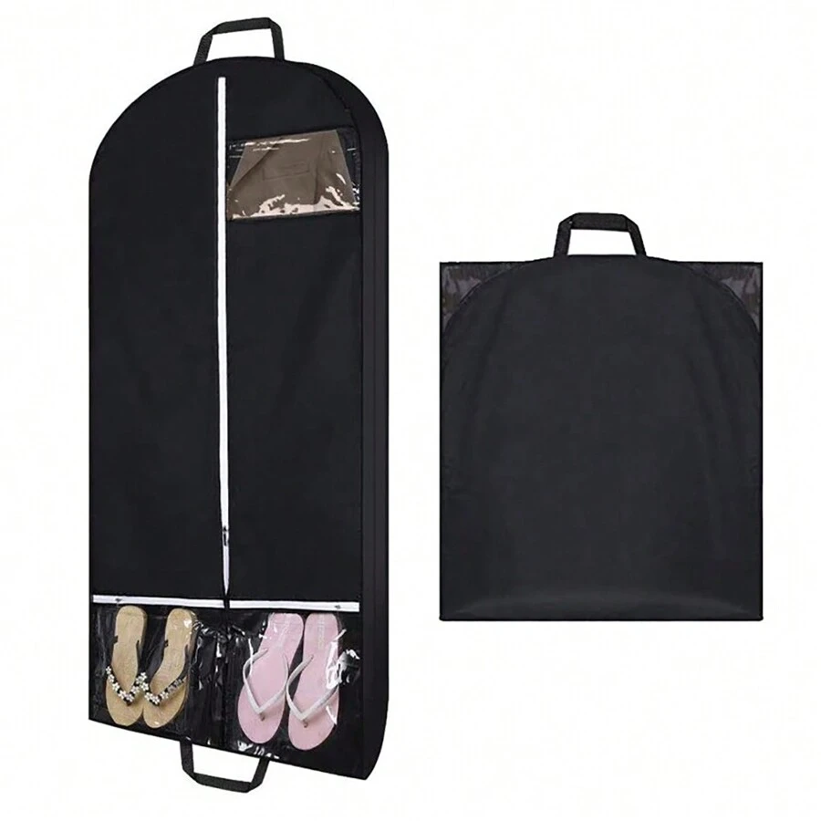 1pc 128cm Suit Garment Bag, Suit Cover Bag For Travel And Storage, Suit Protective Cover, Dustproof Clothes Bag With 2 Large Pockets And 2 Handles, Suitable For Suits, Coats, Dresses, Shirts, Etc. - Black - View 1