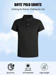 男童校服短袖polo衫，纽扣开襟，吸湿排汗面料 - 黑色 - 查看 1