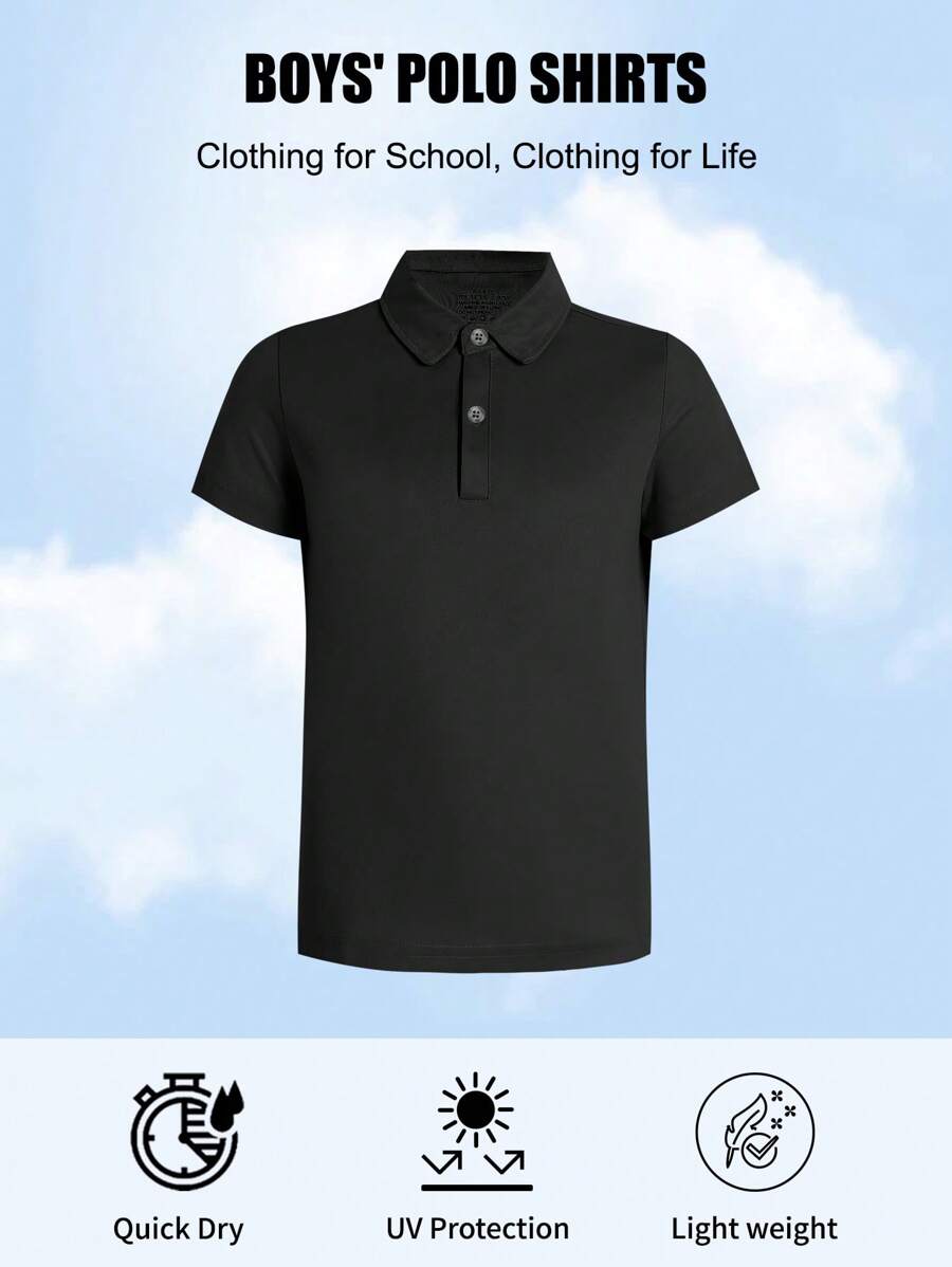 男童校服短袖polo衫，纽扣开襟，吸湿排汗面料 - 黑色 - 查看 1