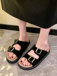 女款復古厚底拖鞋，柔軟鞋底，2024新款夏季風格，多功能平底沙灘涼鞋 - 黑色 - 查看 1