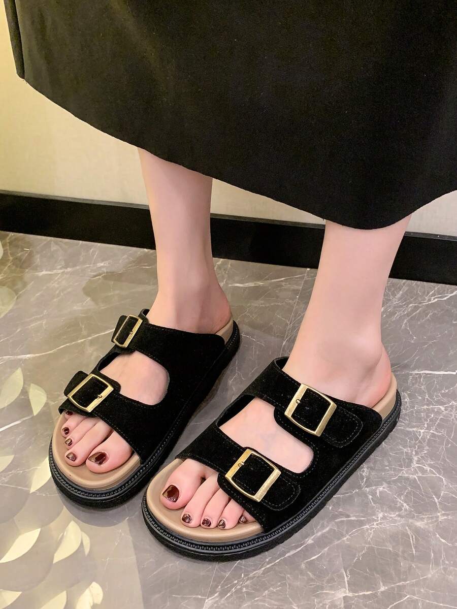 女款復古厚底拖鞋，柔軟鞋底，2024新款夏季風格，多功能平底沙灘涼鞋 - 黑色 - 查看 1
