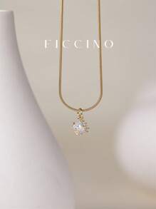 FICCINO FICCINO Miniature Exquisite Square Pendant With Gold Plating And Cubic Zirconia Inlay, Female Necklace Made Of Gold-Plated Titanium Steel Snake Chain, Golden Jewelry, Daily Collocation Or Occasion Wear Collarbone Chain, Festival And Anniversary Gifts With Box For Mother's Day