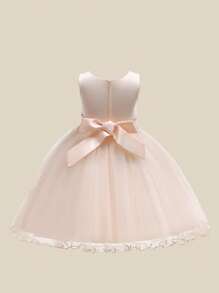 Girls' Solid Color Tulle & Satin Layered Floral Puff Dress, Elegant & For Birthday Party, School Event, No Headband Included - Champagne - View 4