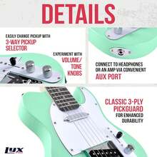 LyxPro 30" Telecaster Electric Guitar, TL Series, Full-Size Paulownia Wood Body, 3-Ply Pickguard, C-Shape Neck, Ashtray Bridge, Quality Gear Tuners, 3-Way Switch & Volume/Tone Controls, 2 Picks Included - 綠色 - 查看 3