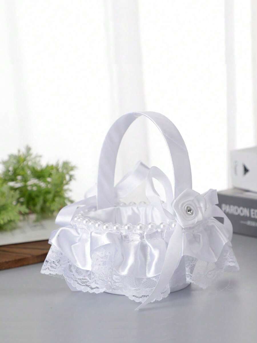 1入組藍色結婚花童籃,白色隨機花紋(請參照圖片中的款式代碼。由於每個款式都是手工製作的,尺寸可能會略有不同,以實際收到的產品為準)(注:5674的個別羽毛已變黃) - 白色 - 查看 1