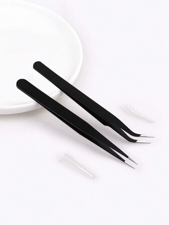 Pinzas de extensión de pestañas, 2 piezas de pinzas curvas de acero inoxidable de precisión multifuncionales negras para conjunto de herramientas de extensión de pestañas