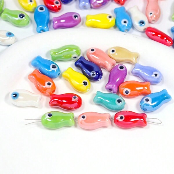 10 piezas de cuentas cerámicas de peces retro de colores surtidos, charms de porcelana espaciadores sueltos para hacer joyas, manualidades de pulseras y accesorios