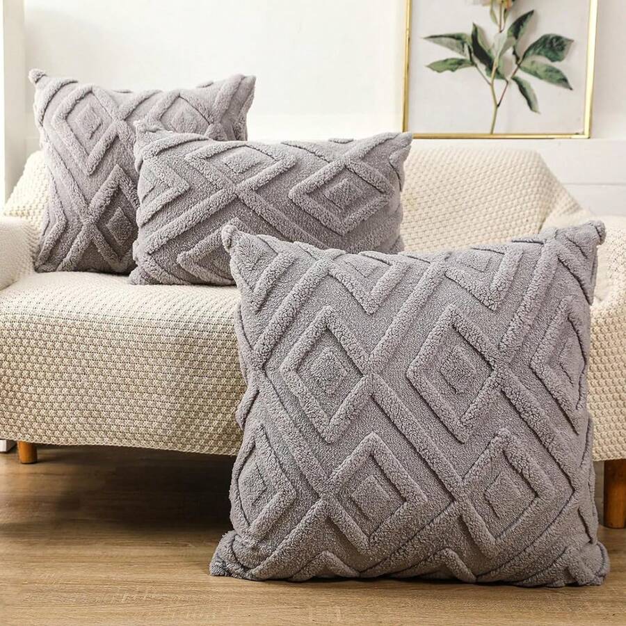 1pc Decorative Faux Knitted Throw Pillow Covers Christmas Soft Plush Fuzzy Short Fleece Square Patterned Cushion Cases Solid Pillowcases Couch For Bed Sofa Living Room - Light Grey - View 1