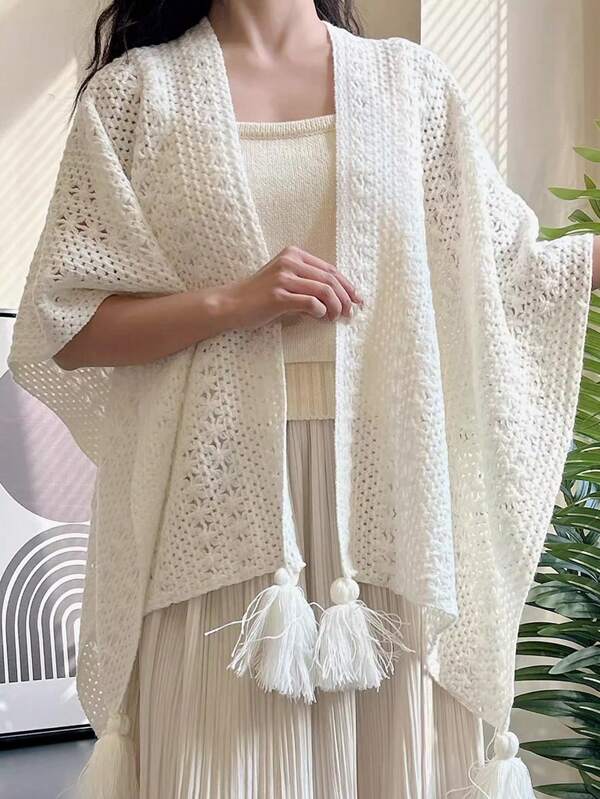 1pc Summer Knitted Hollow-Out Fringed Cape Cardigan