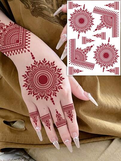 1 ark Water Transfer Henna Tatuering Sticker, Kroppskonst Makeup Fake Temporary Tatuering För Kvinnor, Fake Tatuering För Hand Wedding Festival