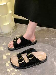 女款復古厚底拖鞋，柔軟鞋底，2024新款夏季風格，多功能平底沙灘涼鞋 - 黑色 - 查看 2