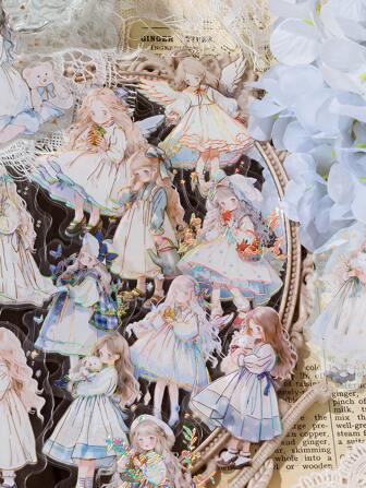 1 paquet de 30 autocollants PET pour le scrapbooking de matériaux de base de collage pour la décoration DIY de journal d'illustration peinte à la main de fille de dessin animé rétro mignon