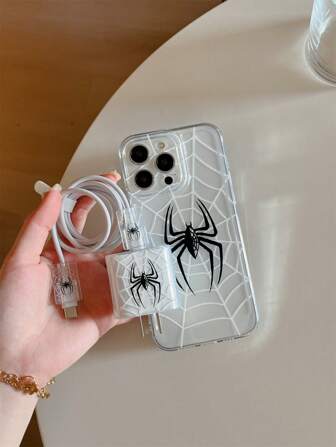 4 件透明 TPU 蜘蛛图案充电器线保护壳 + 配套手机壳 兼容 20W 快速充电器/17/17pro/17promax/17AIR