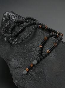 1入組復古黑色火山岩＆天然黃虎眼男士原石項鍊，適合日常佩戴 - 黑色 - 查看 4