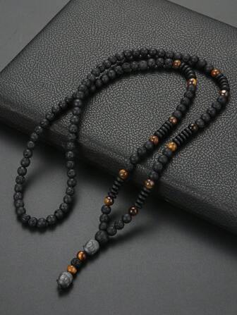 1pc Vintage Zwart Vulkanisch Gesteente & Natuurlijke Gele Tijgeroog Mannen Ruwe Stenen Ketting Voor Dagelijks Dragen