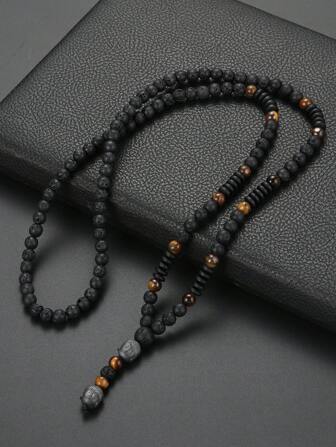 1pc Vintage Black Volcanic Rock&Natural Yellow Tiger Eye Men Raw Stone Necklace For Daily Wear