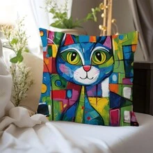 1 housse de coussin mignonne d'oreiller avec chat abstrait en aquarelle et texture en peau de pêche imprimée double face,double face,texturée en peau de pêche,45*45CM/18*18 pouces, pour coussin d'intérieur de canapé moderne, décoration de fête