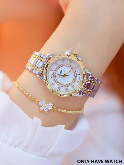 NARY قطعة واحدة ساعة نسائية كوارتز أنيقة وفاخرة مع إطار مزخرف بالراين ستون وسوار من الفولاذ المقاوم للصدأ مناسبة للاستخدام اليومي وحفلات المناسبات