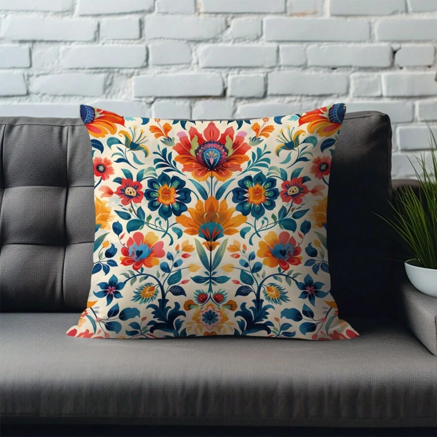 1pc Morris Pattern Printed Orange & Blue Cushion Cover With Peach Skin Texture Material, 45*45CM/18*18inch Pillowcase For Modern Fabric Sofa Indoor Decor & Party Decorations - Multicolor - View 1