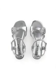 Girls Sandals Ankle Hook-And-Loop Strap Square Toe Low Heel Crysta Shell Wedding Party Flower Dress Shoes 1.77-Inch Kitten Heels - 銀色 - 查看 7