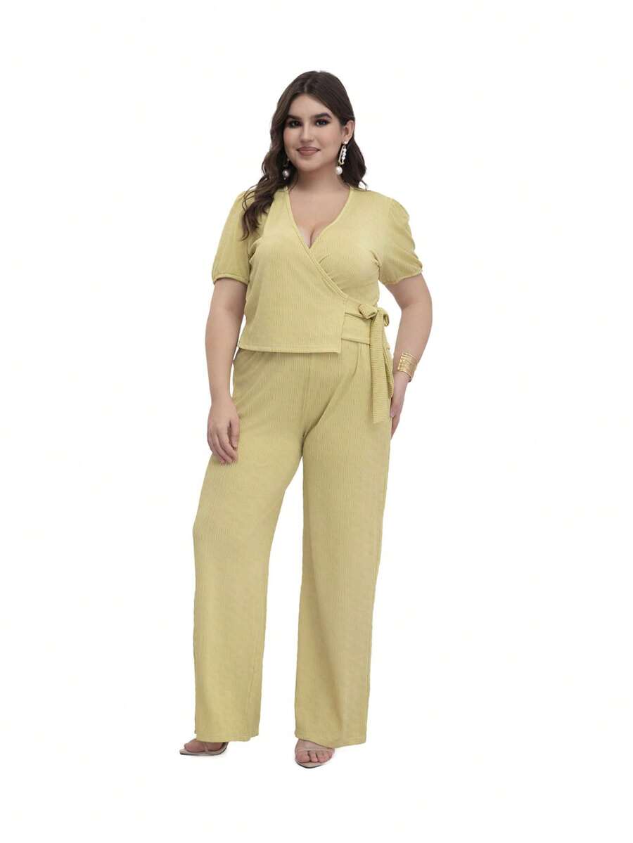 Formal Pants And Blouse Set With Short Sleeves And A V Neckline - Yellow - View 1