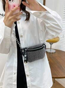 女士水钻镶嵌单肩包迷你斜挎包带可调节肩带亮钻胸包和腰包 - 銀色 - 查看 3