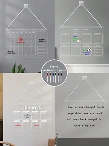 1pc Acrylic Wall-Mounted Whiteboard Decor (6 Whiteboard Markers Included), Suitable For Bedroom, Living Room, Kitchen, Wall-Mounted Decorative Memo Board, Transparent Acrylic Erasable - White - View 1