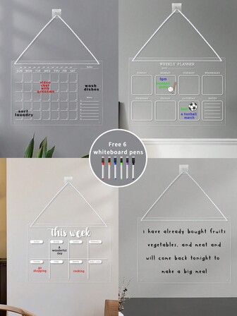 1 st väggmonterad whiteboardtavla i akryl (6 whiteboardpennor ingår), lämplig för sovrum, vardagsrum, kök, väggmonterad dekorativ anslagstavla, transparent akryl, raderbar