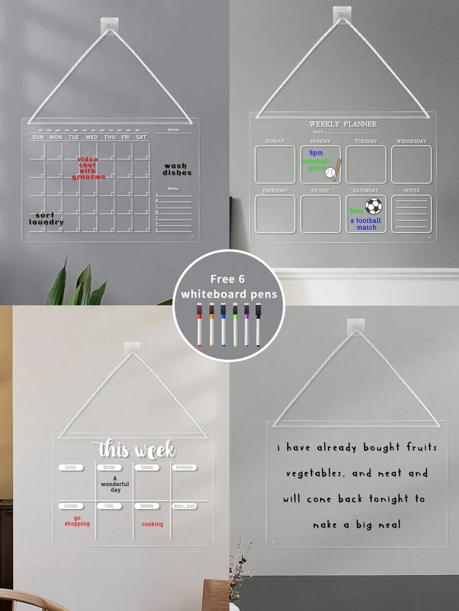 1pc Acrylic Wall-Mounted Whiteboard Decor (6 Whiteboard Markers Included), Suitable For Bedroom, Living Room, Kitchen, Wall-Mounted Decorative Memo Board, Transparent Acrylic Erasable - White - View 1
