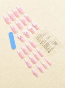 24入組可愛風格長尖假指甲套組，包括白色法式，粉色花朵，白色珍珠，鑽石，粉色蝴蝶結3D設計（附1把指甲文件和1個果凍膠），適用於女性日常穿著，派對和婚禮貼壓指甲美甲用品