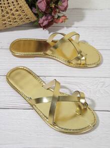 Zapatillas doradas planas para mujer, casuales, elegantes, versátiles y cómodas para usar en interiores, exteriores y en la playa - Dorado - Ver 5