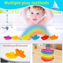 6 szt. Kolor tęczy Łódka do układania w stosy Zabawka do kąpieli dla małych dzieci - Letnia gra wodna z muzyką - Prezent wielkanocny dla dzieci