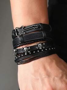 4pcs/Set Punk Style Personalized Black Braided Leather Skull & Guitar Shaped Alloy Decorated Bracelet, Suitable For Men's Daily Wear, Also Perfect As Festival Gift - Black - View 2