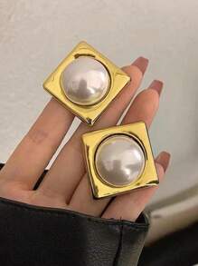 1pair French Style Vintage Chic Rhombus Checkered Square & Round Faux Pearl Elegant Ins Style Earrings For Women, Bride, Street Style