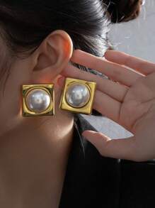 1pair French Style Vintage Chic Rhombus Checkered Square & Round Faux Pearl Elegant Ins Style Earrings For Women, Bride, Street Style