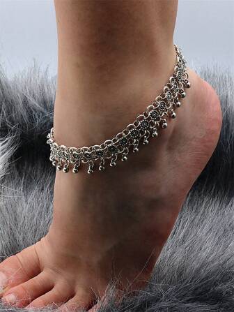 1 pieza de tobillera para mujeres de estilo vintage con colgante de bola de flor tallada en color plateado adecuada para uso diario y en la playa