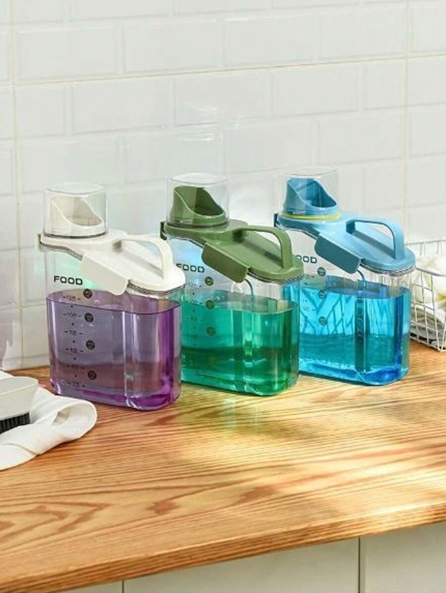 1 pieza Contenedor de almacenamiento para detergente de lavandería, dispensador transparente de detergente con taza medidora y marcas de escala, caja sellada a prueba de humedad para detergente y otros suministros de lavandería - Blanco - Ver 1