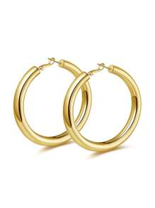 1 Paire De Boucles D'oreilles Créoles Rondes Audacieuses Pour Femmes, Plaquées Or, Conception Cylindrique En Acier Inoxydable