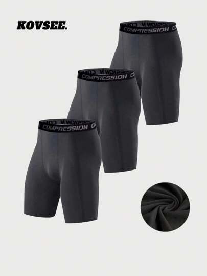 KOVSEE 3 件装篮球压缩短裤训练透气高弹力紧身裤健身慢跑裤，黑色，送给男朋友的礼物