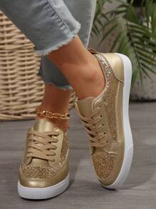 Women's Gold Shiny Sparkle Flat Shoes, Lightweight, Comfortable, Breathable, Fashionable Casual Sports Shoes
