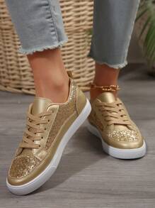 Women's Gold Shiny Sparkle Flat Shoes, Lightweight, Comfortable, Breathable, Fashionable Casual Sports Shoes