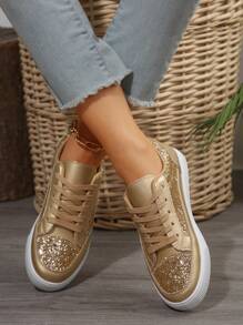 Women's Gold Shiny Sparkle Flat Shoes, Lightweight, Comfortable, Breathable, Fashionable Casual Sports Shoes