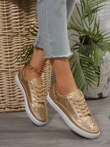 Women's Gold Shiny Sparkle Flat Shoes, Lightweight, Comfortable, Breathable, Fashionable Casual Sports Shoes