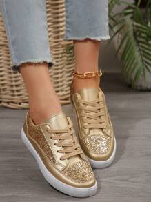 Women's Gold Shiny Sparkle Flat Shoes, Lightweight, Comfortable, Breathable, Fashionable Casual Sports Shoes