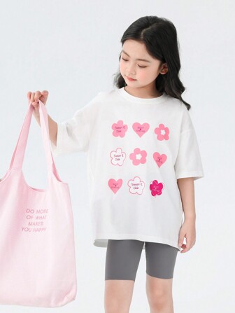 zosee Camiseta blanca con mangas cortas y estampado de corazones y flores para niña joven, nueva vestimenta de verano 2024, Camiseta de media manga para niñas en verano