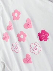 zosee Camiseta de Manga Curta para Meninas com Estampa de Coração e Flores, Branca, Roupas de Verão 2024 para Meninas, Camiseta de Meia Manga para Meninas