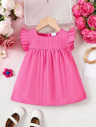 1pc Adorable Baby Girls Striped Textured Cap Sleeve Dress With Square Collar For Spring/Summer
