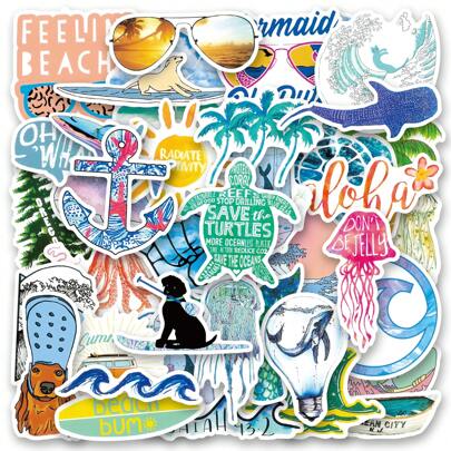50PCS Beach Bund Series Stickers, Craft Scrapbooking, Diary, Laptop, Bumper, Skateboard, Water Bottle, Computer, Phone, Cartoon, Hard Hat, Car Sticker, Mobile Phone, Water Bottle, Envelope, Happy Aesthetic Decoration, Vinyl Sticker Back To School